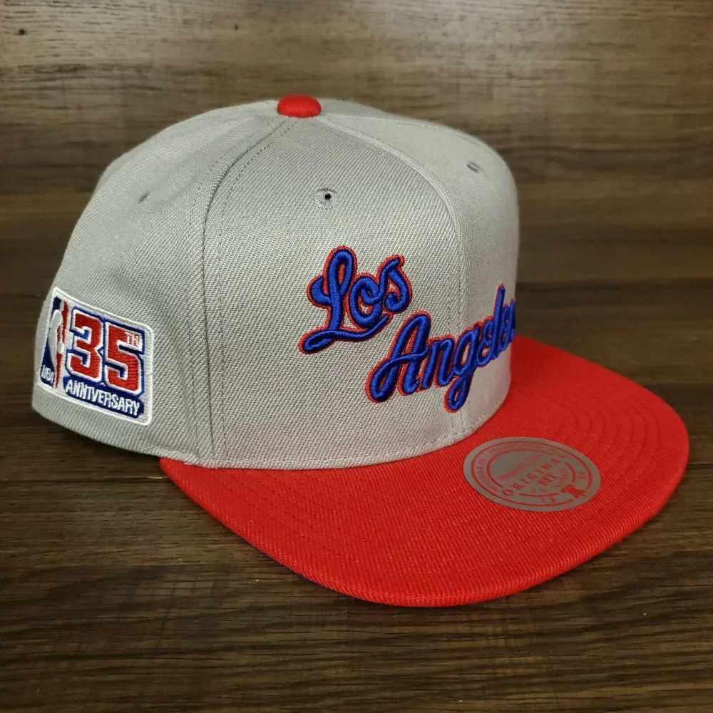 LA Lakers Mitchell & Ness NBA Snapback Hat Cap Script 3D Logo‎ Grey Red NWT